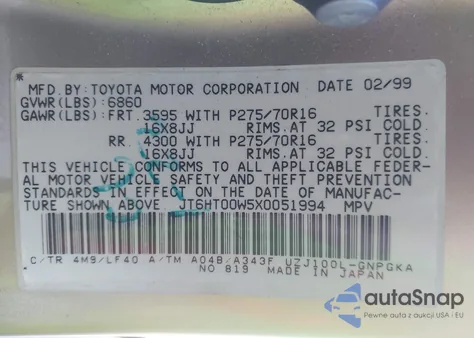 1999 Lexus Lx 470 z USA, uszkodzony, nr VIN JT6HT00W5X0051994